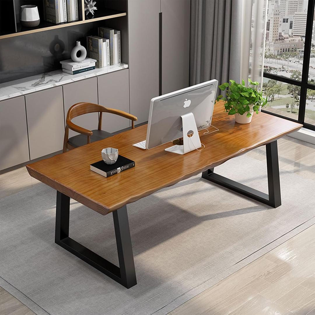 Solid Wood Administrative Computer Desk - Rustic Style Large Office Desk, Modern Minimalist Workstation for Home, Ideal for Learning, Writing, and Professional Use (Dark Yellow, 55.12In)