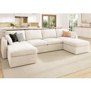 HONBAY Sectional Couch with Storage Seats, Modular Sectional Sofa with Storage Ottoman, U Shaped Sectional Couches for Living Room, Light Beige (Cream)