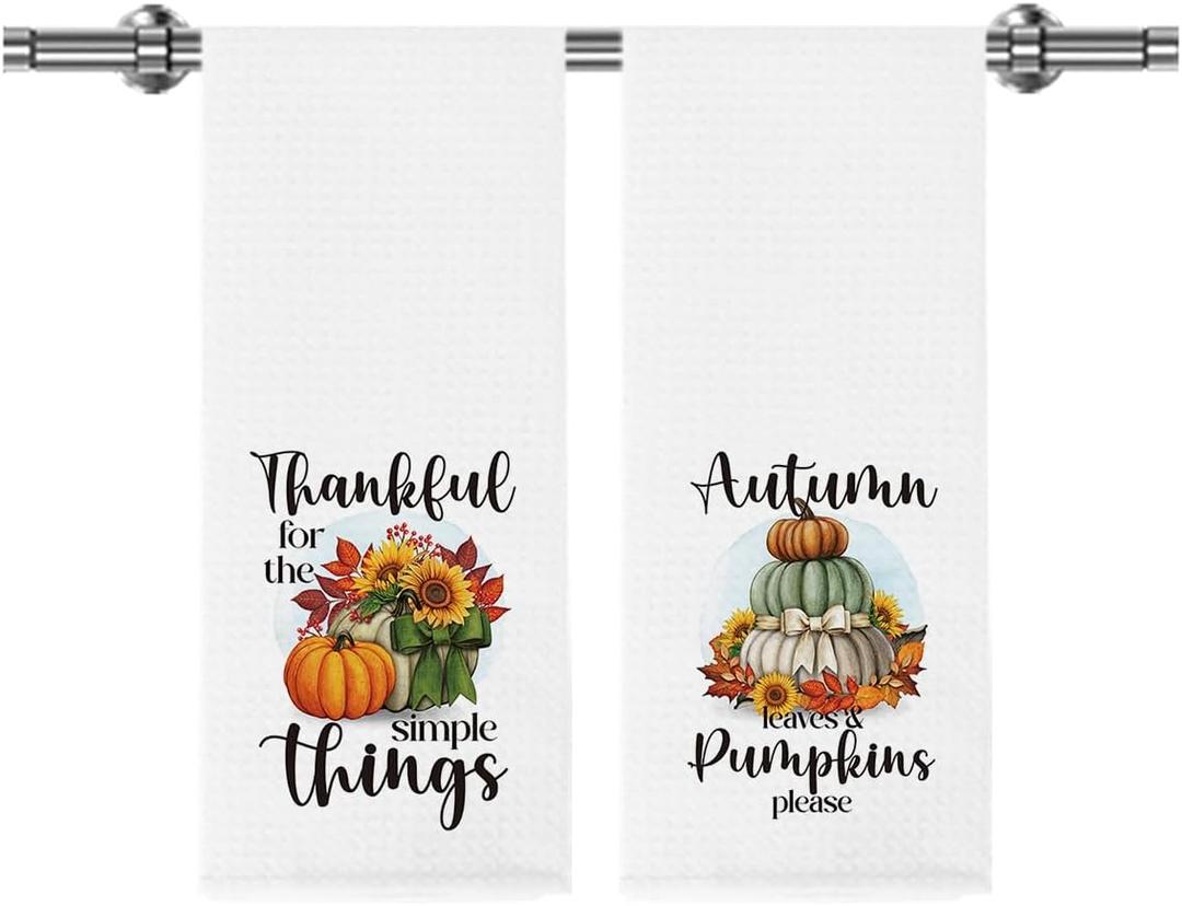 2Pcs Pumpkin Maple Leaves Fall Kitchen Towels Fall Kitchen Decor for Home Seasonal Autumn Thanksgiving Harvest Gifts Waffle Weave Dish Tea Hand Towels for Farmhouse Kitchen Bathroom 14 x 23 Inches