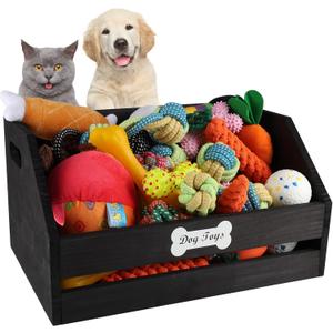 Geyecete Large Dog Toy Bin for Toy Chest,Wood Dog Toy Box with Handle,Dog Toy Basket for Dog Organization and Storage Puppy Toy Basket Dog Toy Chest