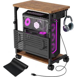 Adjustable Computer Tower Stand with Charging Station & Pegboard,Brown