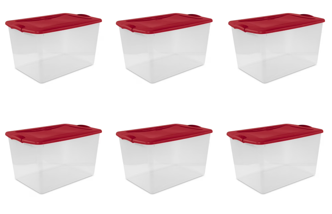 Sterilite Large Storage Bin, 66 Quart Clear Plastic Storage Container with Latch Lid, Red, 6 Count