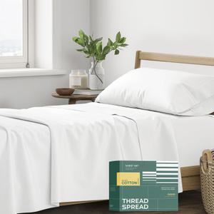 THREAD SPREAD 100% Organic Cotton Sheets Twin Size - 3 PC Organic Cotton Twin Size Percale Weave Sheet Set, Soft, Cooling, Crisp & Breathable, 16" Deep Pocket Bedding Set for Dorm Room - White