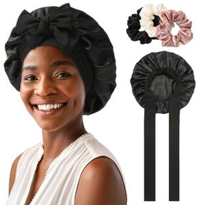 Satin Bonnet for Women Tie Band Hair Bonnet for Sleeping Large 2 Layered Silk Sleeping Cap Nightcap for Sleeping with 3PCS Hair Scrunchies (Black(Bonus3 Hair scrunchies))