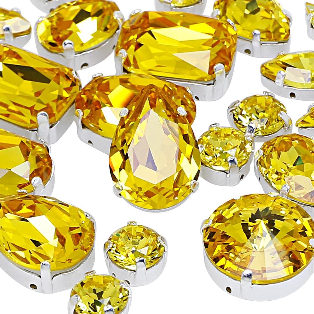 DONGZHOU Rhinestone for Crafts, 82pcs Mix Shape Sew On Crystal with Silver Claw Sewing Glass Gems for Jewelry Making Clothes Shoes Bag Decoration,Light Topaz