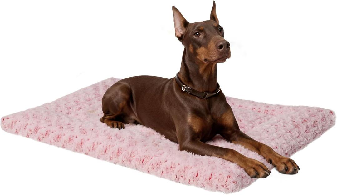 Washable Dog Bed Mat Soft Dog Crate Pad Fluffy Pet Kennel Beds Sleeping Mattress with Non-Slip Bottom for Large Jumbo Medium Small Dogs, 47 x 29 Inch, Pink