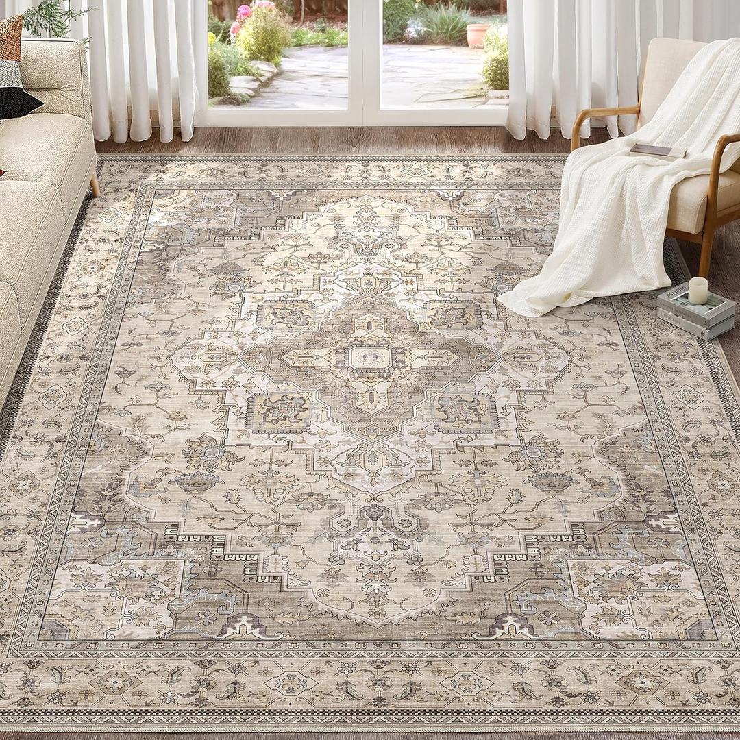 EIEIHOUSE Washable Area Rugs for Living Room - 7x9 Neutral Vintage Distressed Floral Farmhouse Boho Large Soft Floor Rug Indoor Non Slip Carpet for Living Room Bedroom Dining Room Office -Brown/Multi