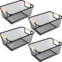 4 Pcs Metal Wire Basket with Wooden Handles Mesh Steel Storage Organizer Bin Containers for Home Organizing Cabinet Pantry Closet Kitchen Fridge Fruit Makeup Snacks Gifts(Medium,Black)