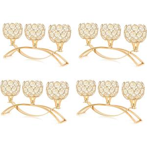Crystal Tealight Candle Holder Centerpiece Home Decorative Candlestick Holder Elegant Table Centerpiece Home Decor Wedding Party Anniversary (Gold, 3 Arm of 4 Pcs)