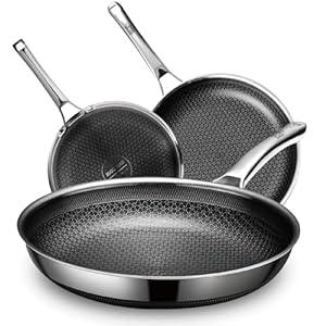 SNOWCLAD 3 Piece Hybrid Nonstick Pans Set, 8+10+12 Inch Nonstick Frying Pans Set, Stainless Steel Skillet, Dishwasher, Induction, Oven & Broiler Safe, PFOA Free Kitchen Cookware Set