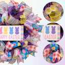 TEMPUS 22" Happy Easter Wreath for Front Door - Colorful Mesh Ribbon Door Hanger with Wooden Sign & Yellow Daisies - Vibrant Spring Porch Decor (Multicolor)