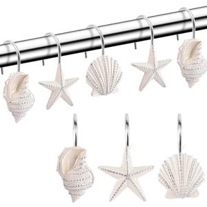 Seashell Shower Curtain Hooks12PCS Anti Rust Decorative Resin Hooks for Bathroom, Baby Room, Bedroom, Living Room Decor (White Seashell)