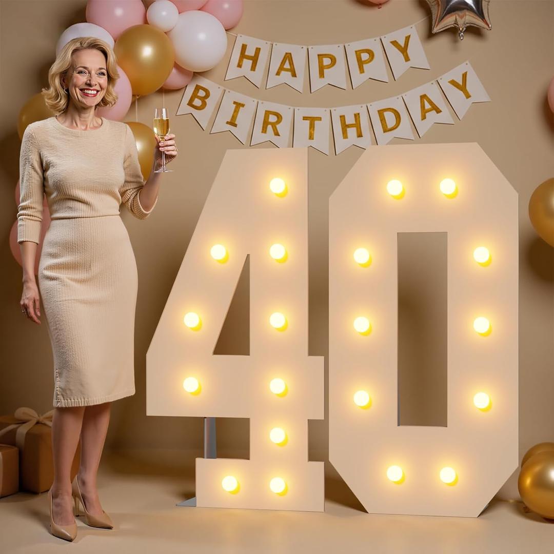 Marquee Numbers 40 Light up Numbers 4ft, Pre-Cut Foam Board Kit with Light Bulbs for 40th Anniversary Decoration 40th Birthday Decorations, Assembly Required