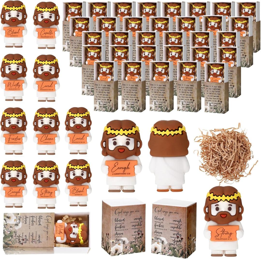 24 Sets Pocket Jesus Loves You Figures Little Positive Jesus Figures Christian Gifts Bulk with Match Storage Box, Small Religious Figurines for Sunday School Church Members, Adults Coworkers