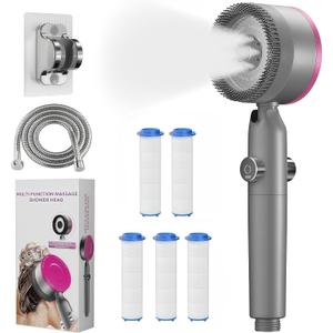 High Pressure Shower Head, High Power Shower Head and Hose Set with 4 Filters, 59‘’ Hose & Bracket, 4 Spray Modes & Pause Switch, Hard Water Filtered Showerhead with Handheld, Gray