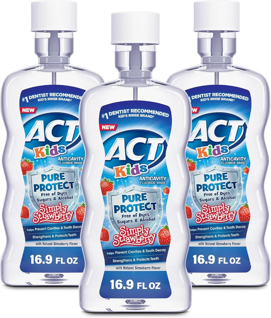 ACT Kids Anticavity Fluoride Mouthwash, Sugar & Alcohol Free Mouth Rinse Strengthens Teeth, Simply Strawberry, 16.9 fl. oz.(Pack of 3)