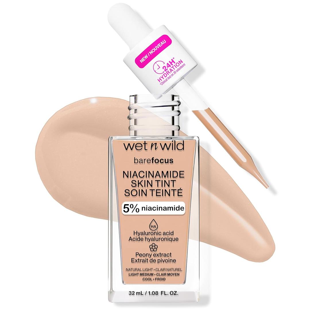 wet n wild Bare Focus Skin Tint, 5% Niacinamide Enriched, Buildable Sheer Lightweight Coverage, Natural Radiant Finish, Hyaluronic & Vitamin Hydration Boost, Cruelty-Free & Vegan - Natural Light (1 Count (Pack of 1))