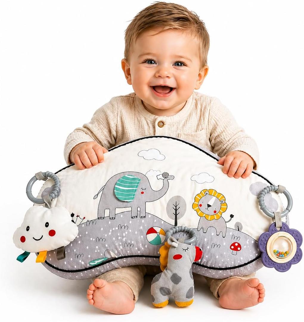 Tummy Time Activity Toy with 3 Detachable Sensory Toys | Baby Tummy Time Pillow for Infants 0-9 Months | Soft Breathable Tummy time Wedge Pillow with Rattle, Crinkle & Teether Toys (Safari Animals)