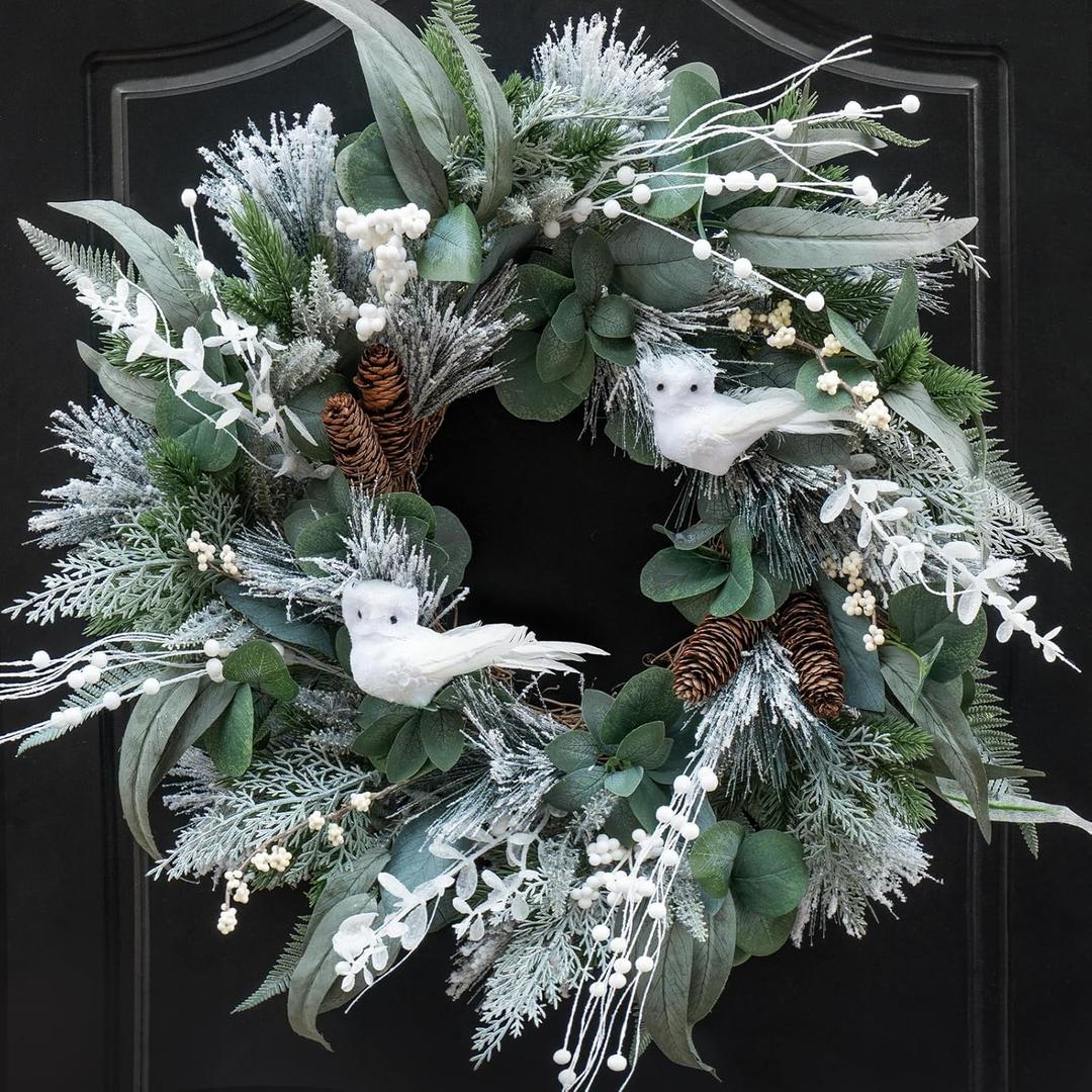 Pinkpuii 24 Inch Winter Wreaths for Front Door Outside, Outdoor Winter Wreath with White Owl,Pine Cones,Cedar and White Berries,Artificial Snowy Winter Hanging Decorations for Home Wall Firplace Decor