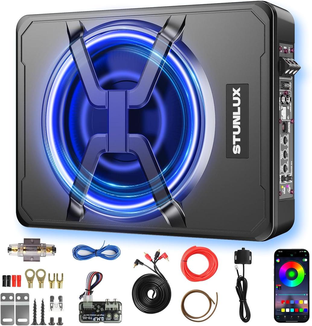 10 Inch 800W Under Seat Car Subwoofer,Full Cast Aluminum Under Seat Powered Subwoofer,Built-in Amp & APP LED Light Control,12V Universal Vehicle Subwoofer Full Installation Kit with Gift Box