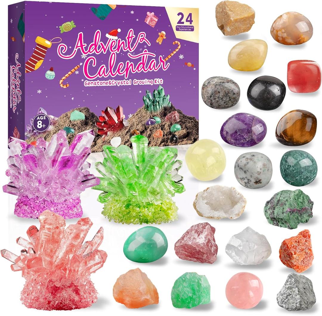 Grenfield Advent Calendar 2025, 24 Days Christmas Countdown Calendars with Crystal Growing Kit, Healing Crystals Gemstones Minerals Fossils Advent Calendars Science Kit Rocks Collection for Learning (#1)