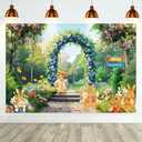 Happy Easter Photo Backdrop, Watercolor Easter Wall Decoration for Photography, Spring Bunny Banner with Colorful Egg Flowers Balloons for Party Decor & Supplies, 7143''