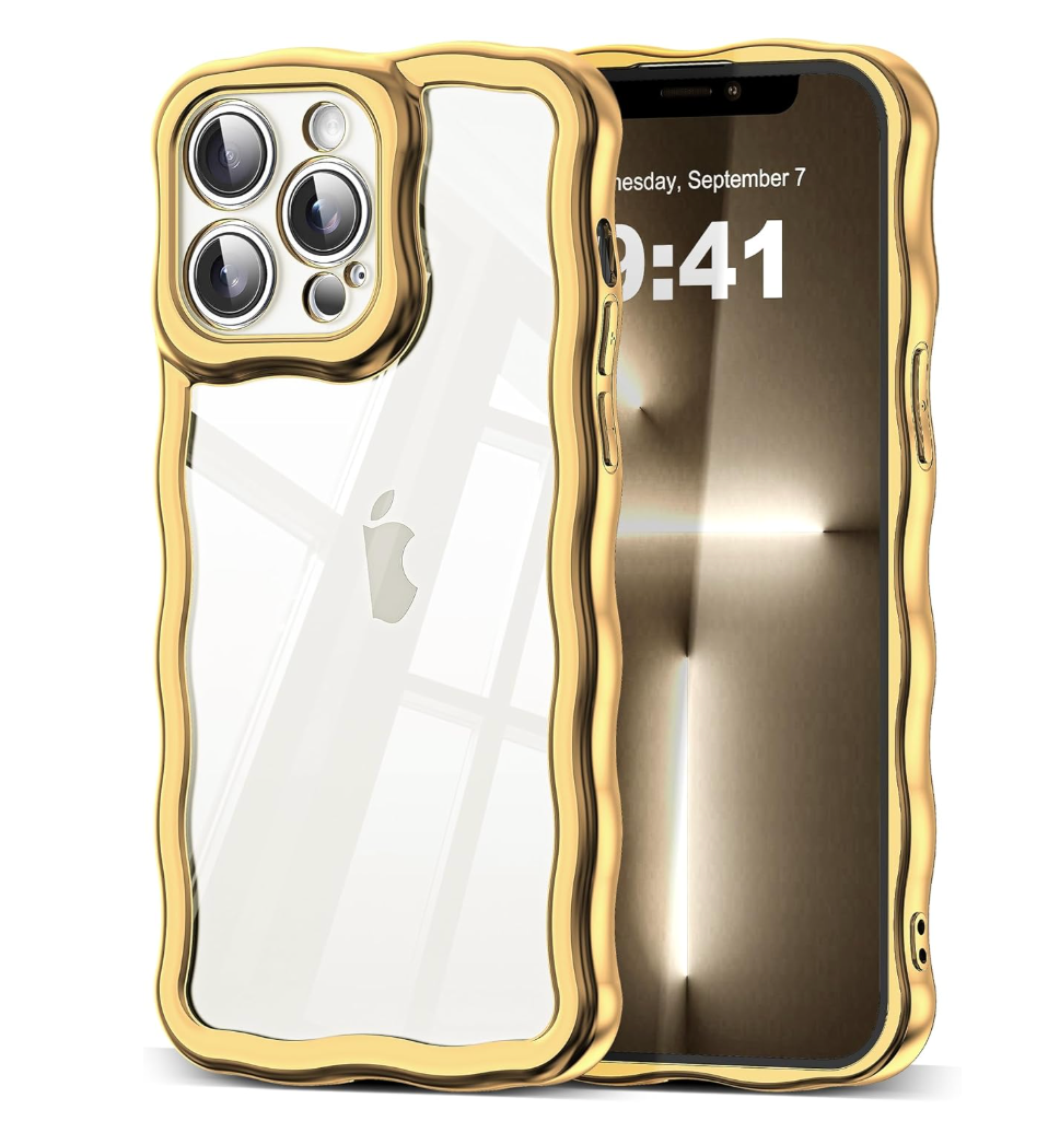 SKYLMW Compatible with iPhone 13 Pro Max Case, Kawaii Cute Curly Wave Frame Luxury Plating Edge, Stylish Glossy Clear Back, Soft TPU Shockproof Protective Cases for iPhone 13 Pro Max, Gold