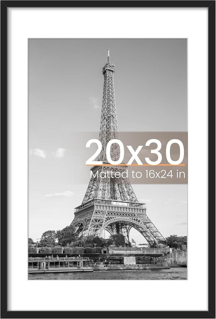 Upsimples 20x30 Poster Frame, Display Pictures 16x24 with Mat or 20 x 30 Without, Wall Hanging Picture Frames, Black, 1 Pack