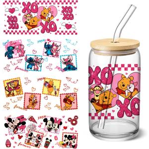 4 Sheets UV DTF Cup Wraps Transfer Stickers for Glass, Christmas Cartoon Cup Wraps Decal Stickers for Tumbler Cups
