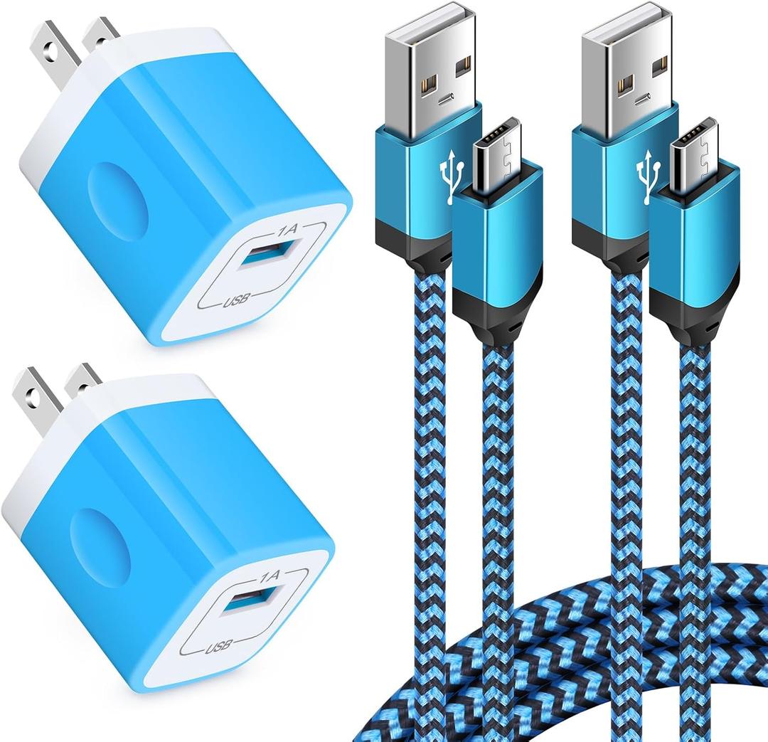 Android Phone Charger Micro Cable,4-Pack Wall Plug 1A/5V Power Adapter with 6ft Nylon Braided Fast Charging Micro USB Cord Compatible Samsung Galaxy S7 S6 Edge S4 Note 5, Moto G5 Plus E4 G6 Play, HTC (Blue)