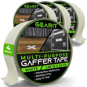 GEARit Gaffer Tape (4-Pack, 1.88in, 30yd Each) White Gaffers Tape, Heavy-Duty Waterproof, Easy to Tear by Hand, Multipurpose Gaff, Non-Reflective Matte - 2 Inch, 4 Roll, 90 Feet