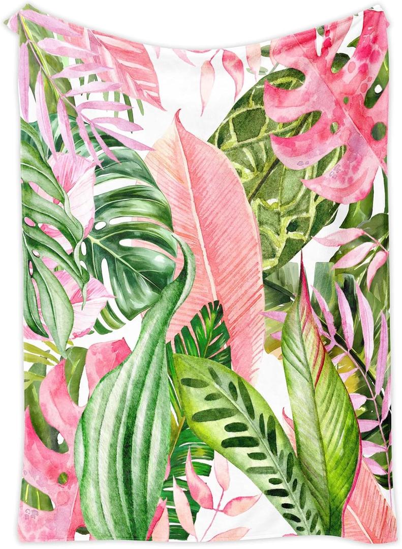 Pink and Green Tropical Palm Leaf Throw Blanket Monstera Leaves Jungle Plant Flannel Blankets for Couch Bed Living Room Sofa, Decorative Patterned Super Soft Cozy, 50x60 in