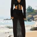 Saodimallsu Womens Crochet Swim Cover Up 2 Piece V Neck Long Sleeve Wrap Tie Crop Tops Beach Boho Maxi Coverup Set (Black), M