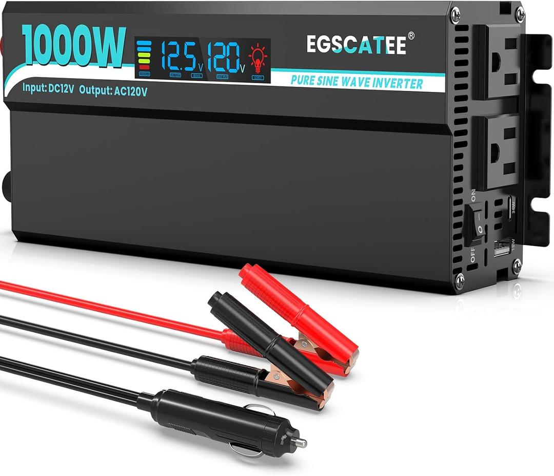 1000W Pure Sine Wave Inverter - 12V DC to 110V/120V AC Car Power Converter with 2 AC Outlets, USB Port, Type-C Port, LCD Display Power Inverter for Car, Truck, Home, Vehicles, Laptop