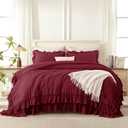 Andency Burgundy Ruffle Comforter Set King, Shabby Chic Farmhouse Bedding Comforter, Soft Lightweight Fluffy Polyester Bet Set All Season 3 Pieces Solid Comforter Set