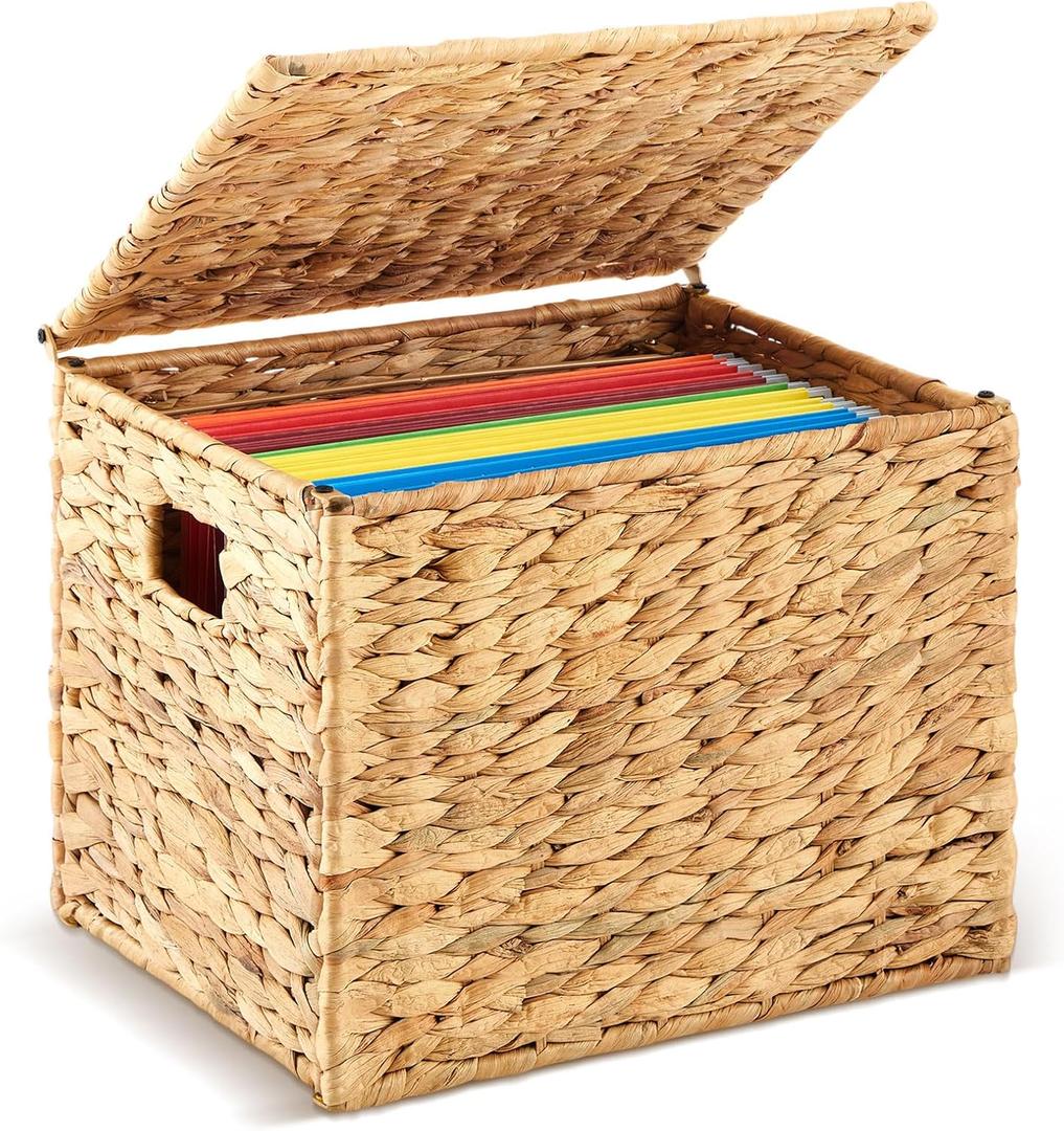 Jingmore 1 Pack Large Decorative File Box Water Hyacinth Letter/Legal Size File Organizer with Lid Collapsible Hand Woven Filing Cabinet for Office/Home Decor (14.37'' X 11.8'' X 11.4'',Light Color)