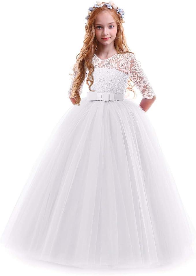 Girls Flower Vintage Floral Lace 3/4 Sleeves Floor Length Dress Wedding Party Evening Formal Pegeant Dance Gown, Size 110, 2-3T