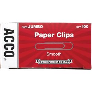 ACCO Paper Clips, Jumbo, Smooth, 100 Clips/Box, 1 Box (72580)