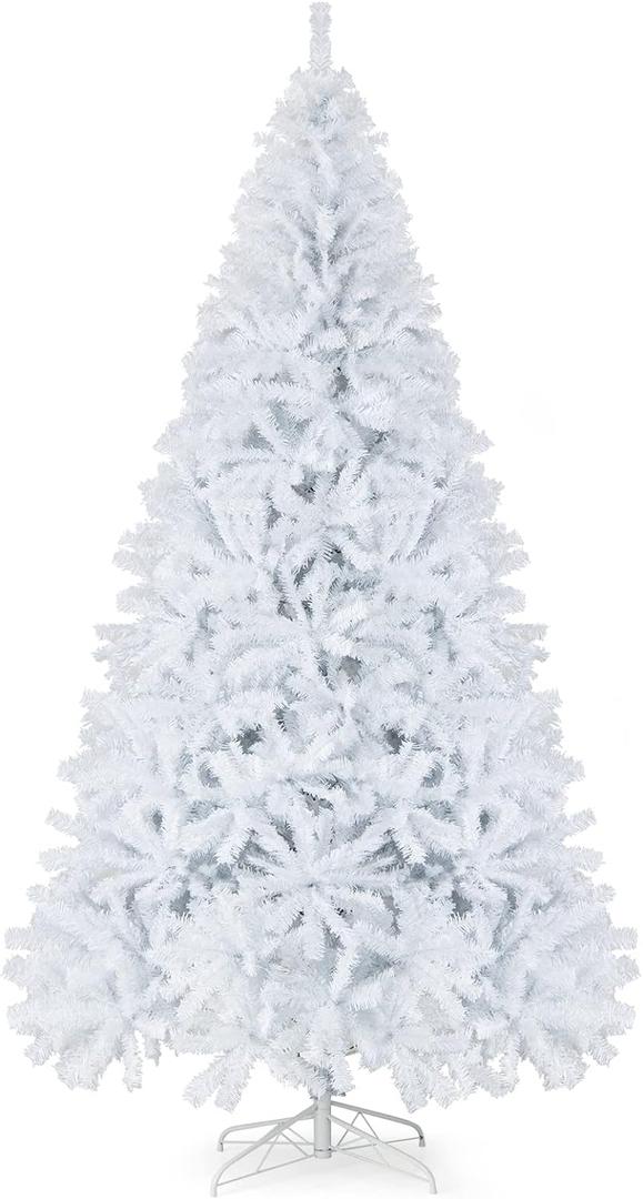 HAPPYGRILL 9 Feet White Artificial Christmas Tree with 2132 PVC Branch Tips Unlit Hinged Xmas Pine Tree with Sturdy Metal Base, Artificial Pine Tree for Indoor Outdoor Decor, White