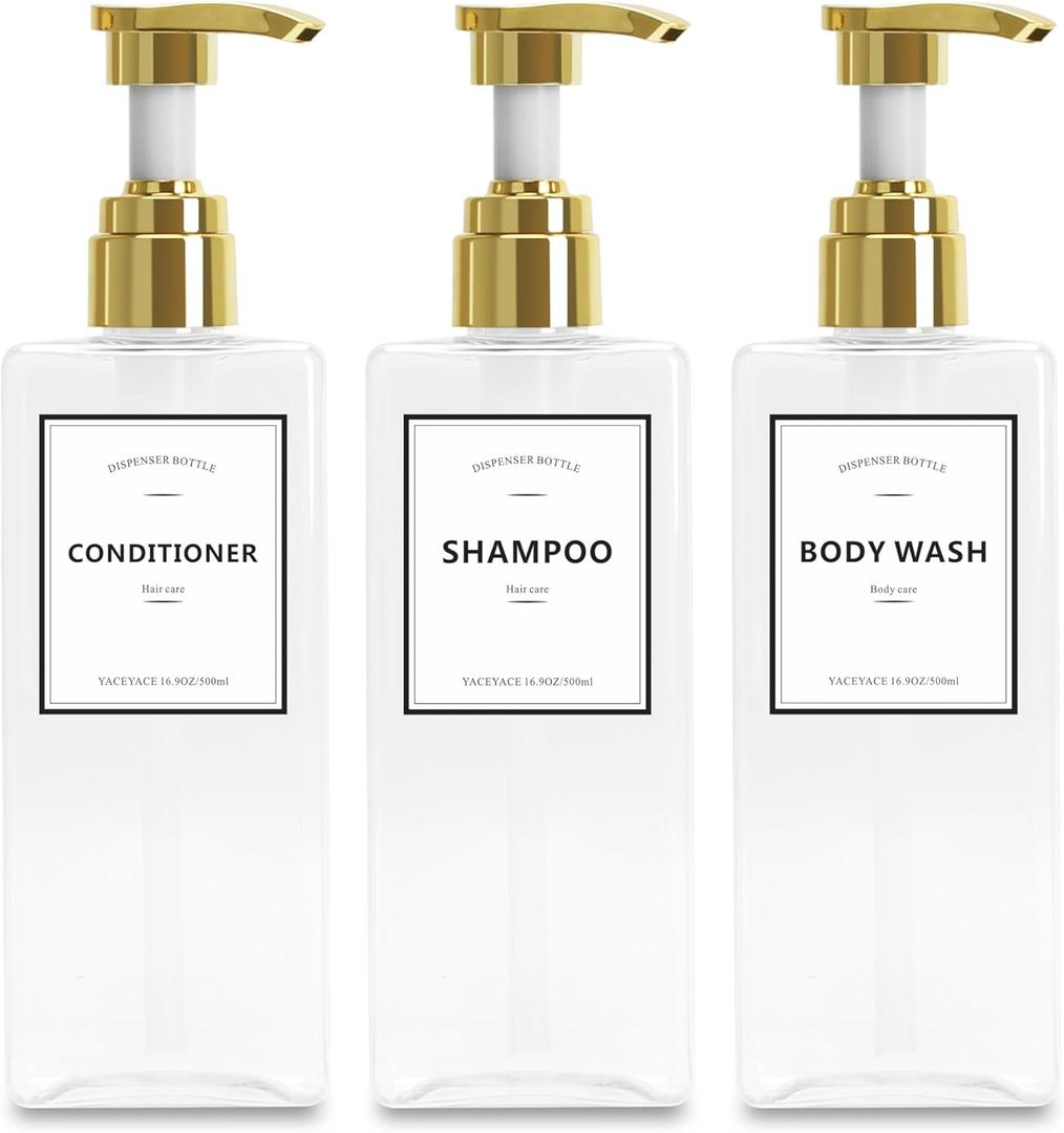 Shampoo Dispenser Bottles with Gold Pump, YACEYACE 16.9oz Set of 3 Clear Shampoo and Conditioner Dispenser, Mordern Shower Bottles Refillable with Labels
