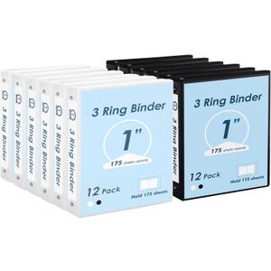 EOOUT 1 inch 3-Ring Binder 12 Pack Black and White with 2 Pockets Inside, Fits 11 x 8.5 Inch Paper with 175 Sheets Capacity, for Office, Home, School Project