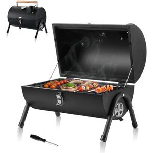 HaSteeL Portable Charcoal Grill, Small Folding Outdoor Grill, Mini Black Barbecue Grill with Thermometer, Compact Tabletop BBQ Grill for Camping Picnic Backyard Patio, 116 Square Inches & Screwdriver
