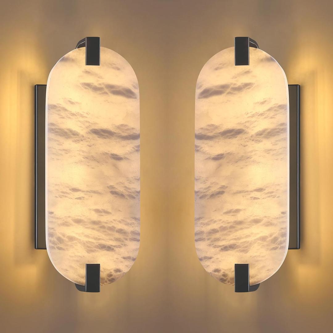 2 Pack 2 Light Oval 12.75" Alabaster Marble Bathroom Wall Sconce Modern Concise Style Wall Light Fixture,Dark Gray Finish for Bedroom Hallway Bedside