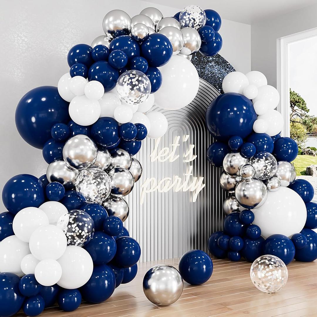 Navy Blue and Silver Balloons Garland Arch Kit,134 Pcs 18/12/10/5 Inch White Navy Blue and Silver Balloons with Confetti Latex Balloons, for Birthday Baby Shower Wedding Graduation Party Decorations