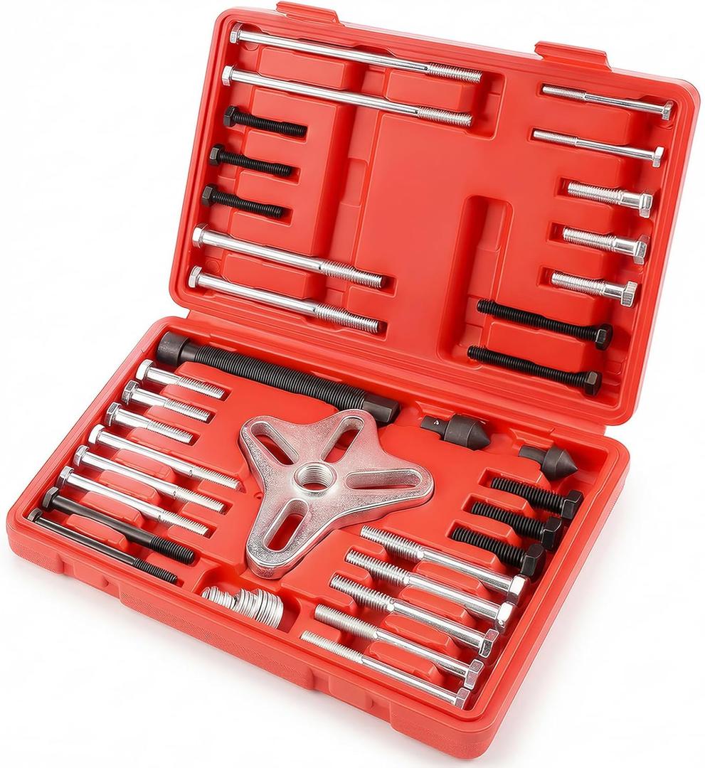 Thorstone 46pcs Harmonic Balancer Puller Set, Reinforced & Thickened Heavy-Duty Steering Wheel Flywheel Crankshaft Pulley Puller Tool Kit for Automotive Repair (Red)