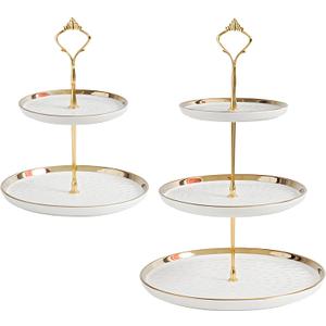 Tosnail Set of 2 Porcelain Cupcake Stand Ceramic Dessert Stand Tiered Serving Trays with Gold Rod, 3 Tiers and 2 Tiers Cake Stand Party Serving Trays Fruit Pastry Holders for Wedding and Party