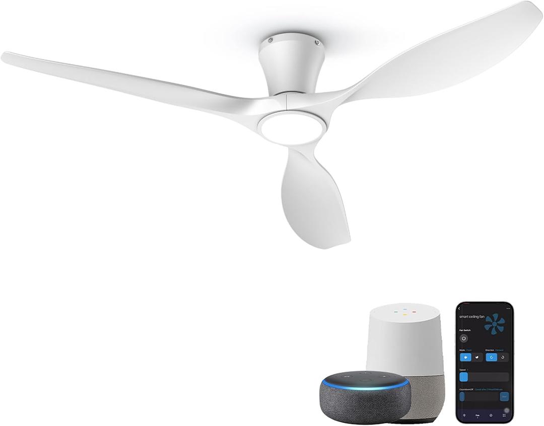 TALOYA 52 Inch Smart Ceiling Fans with Lights Led Remote Control Flush Mount Low Profile for Bedroom Farmhouse Patio Outdoor Living Room Kitchen Dining Room,DC Motor,Reversible,White