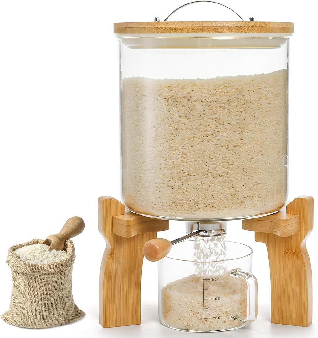 Goaste Glass Rice Dispenser with Bamboo Stand, 5L Flour Cereal Container with Airtight Lid, 8 Lbs Large Grain Food Storage, Countertop Beans Storage Tank with Measuring Cup & Valve for Dry Food