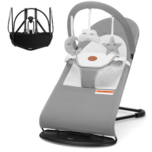 HKAI Baby Bouncer, Portable Baby Bouncer Seat for Babies 0-18 Months, 100% Cotton Fabrics, 3 Modes of use with Rocker and Stationary Options, Infant Rocker Chair with Hanging Toys-Grey