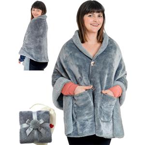 EzrAllora Premium Double Layer Poncho Blanket - No Sleeves Easy On Easy Off- Drape and Go- 2 pockets - Gifts for Grandma (Silver Grey)